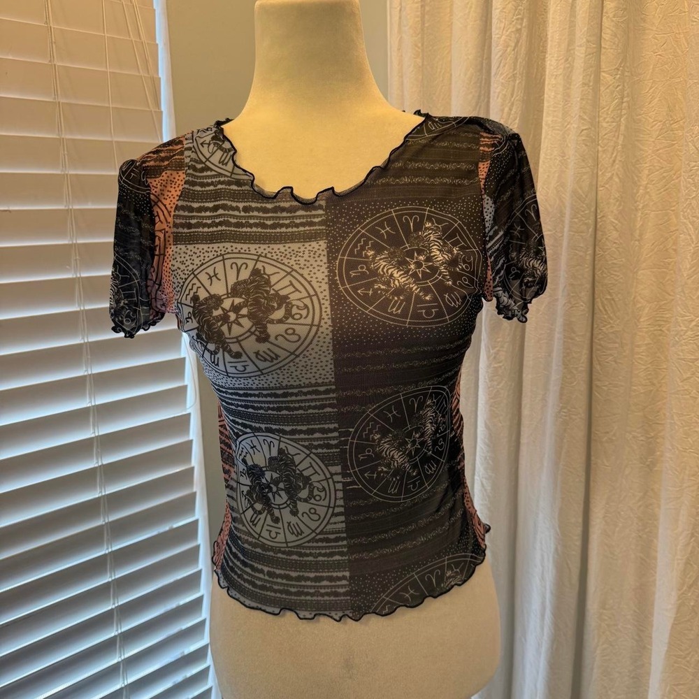 Urban Outfitters Womens Sheer Mesh Cropped Top Astro Zodiac Witchy Size Medium